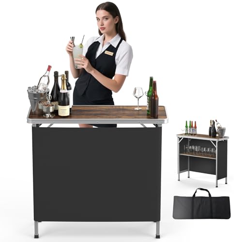 Bonnlo Folding Portable Bar Table, Mobile Bar Table for Events, Party, Camping, Picnic, Tradeshow, Indoor with Black Skirt 39 "L x 34" H - color: Nature