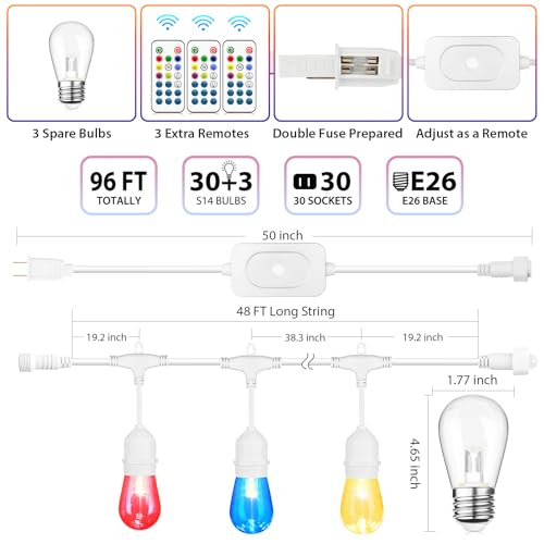 Larkvue 96FT(2X48FT) RGBW Outdoor String Lights with Remote, Patio Lights with 30+3 Vintage S14 Dimmable Waterproof Bulbs for Yard Party Decor, White - color: White