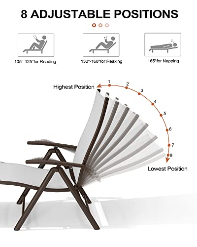 Crestlive Products 2PCS Chaise Lounge Chair Outdoor with 1PC Side Table, Aluminum Folding Patio Recliner Chair, Adjustable 8 Positions Assemble-Free - color: Light Gray, size: 2 Pcs