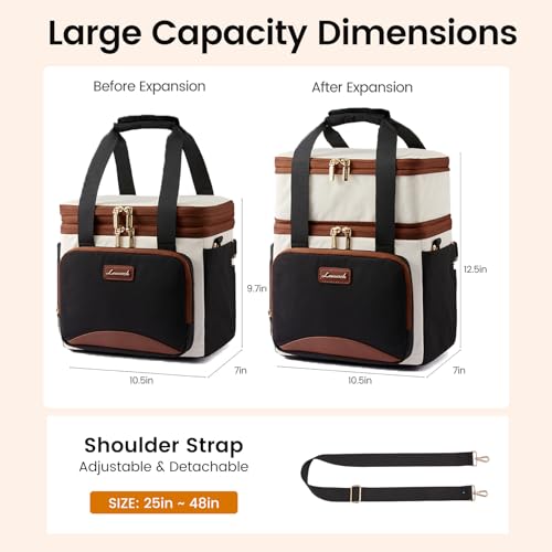 LOVEVOOK Insulated Lunch Bag For Women Men,Expandable Double Deck Lunch Box With Large Cup Holder,Leakproof Cooler Bag For Adult Lunch Tote Bag Work Picnic Beach with Adjustable Shoulder Strap Gift - color: Off White with Khaki, size: Large —15l