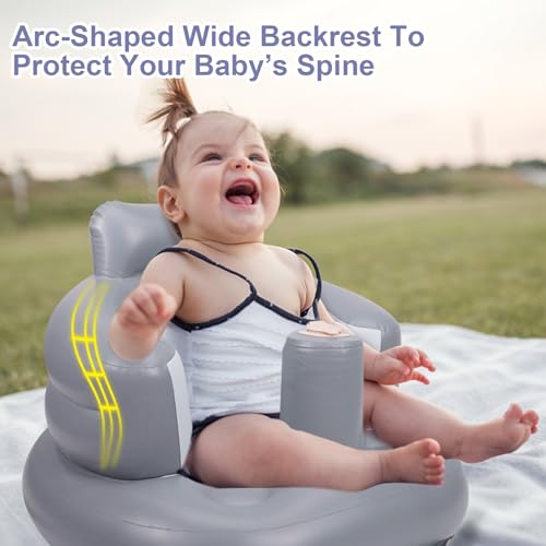 AirSwim Inflatable Baby Seat, Inflatable Baby Chair for Babies 3 Months and Up, Summer Blow Up Chair with Built in Air Pump, Infant Floor Seats for Learning to Sit, Palying, Camping, Grey - color: Grey