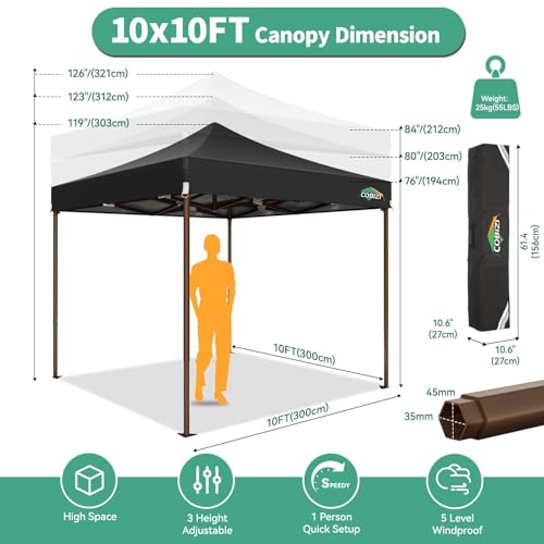COBIZI 10x10 Pop Up Canopy Tent Heavy Duty with 4 Sidewall, Commercial Outdoor Easy Pop Up Gazebo for Party Wedding All Weather Waterproof UV 50+ with Carry Bag(Leg Upgraded),Black - color: Black, size: 10x10 FT