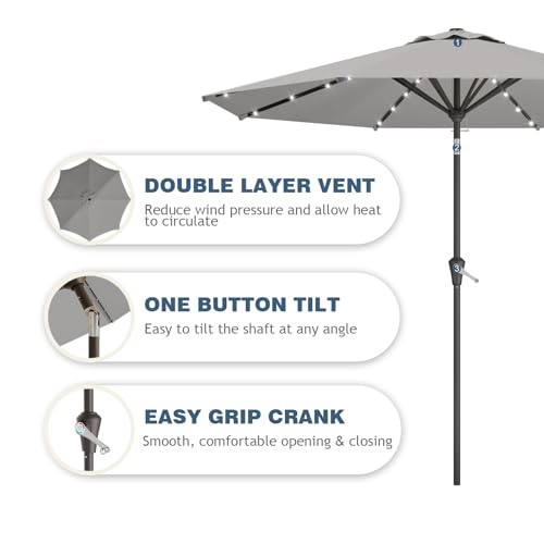 9FT Patio Umbrella with Solar Lights,Outdoor Market Umbrella with Tilt and Crank, LED Lighted Table Umbrella for Garden,Deck,Backyard,Pool,Beach (Light Gray) - color: Light Gray