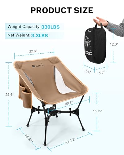 Gonex Portable Camping Chair, The 5th Gen Ultralight Compact Backpacking Foldable Lightweight Folding Chair for Outdoor Camp Hiking Beach Picnic Concert, Supports 330lbs (Khaki, 1 PCS) - color: Khaki