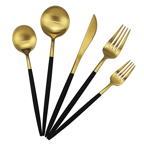 5-Piece 18/10 Stainless Steel Matte Gold Silverware Set, Kitchen Tableware Set, Dishwasher Safe - color: Black Handle Gold, size: Service for 1