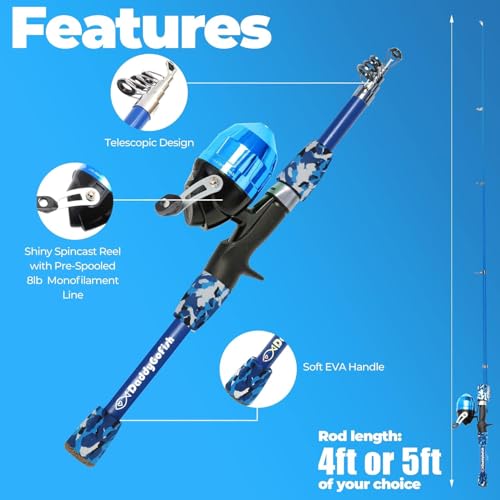 DaddyGoFish Kids Fishing Pole - Rod Reel Combo Tackle Box Starter Set - First Year Small Gear Kit for Boys Girls Toddler Youth Age Beginner Little Children - color: 2 Pack- Blue + Pink (Essential Set), size: 4ft