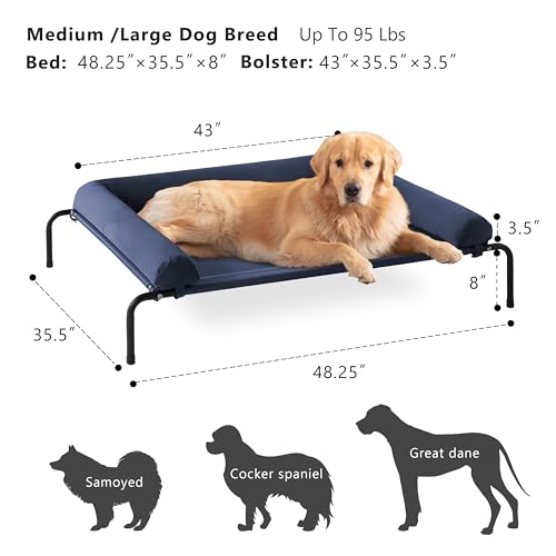 Cooling Elevated Dog Bed for Large Dogs, Portable Indoor & Outdoor Raised Dog Bed with Breathable Mesh, Chew Proof Pet Hammock Cots with Removable and Waterproof Bolsters - color: Dark Blue, size: 48.0"L x 35.0"W x 8.0"Th