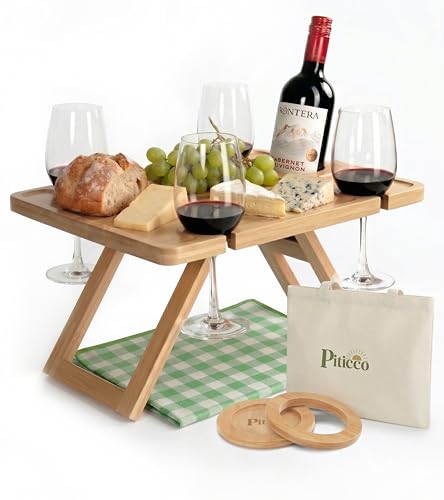 Outdoor Wine Picnic Table, Wooden Folding Picnic Table with Glass Holder, Bamboo Wine Glass Snack Tray for Indoor & Outdoor Use, Includes Picnic Mat & Tote Bag