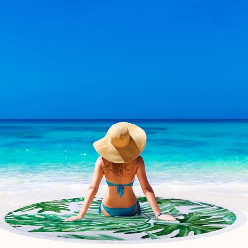Benefeet Sox Beach Towel Large Round Mandala Pool Towels Tassels Microfiber Quick Dry Beach Blanket Throw Bohemian Roundie Swim Pool Circle Towel, 59 Inches - color: Tropical Palm Leaves