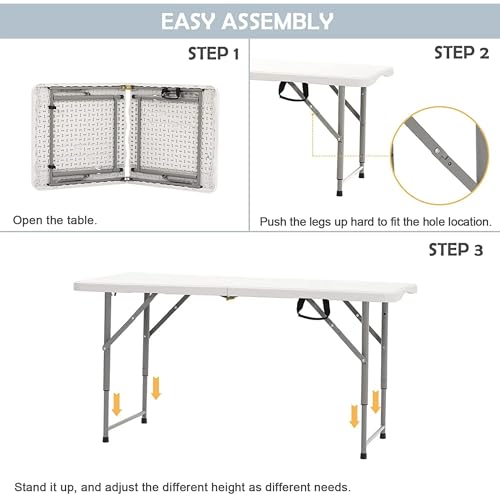 4 Foot Folding Table Adjustable Height 22-30 Inch, Heavy Duty Fold in Half Plastic Table with Steel Legs, Portable Indoor Outdoor Table for Picnic, Camping, Dining, Party - color: White-a, size: 4FT