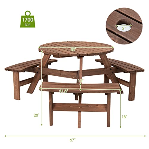 Giantex 6 Person Wooden Picnic Table Set with Wood Bench, with Umbrella Hold Design, Perfect for Outdoor Garden Yard Pub Beer Dining, Dark Brown - size: 67"L×67" W×27.5"