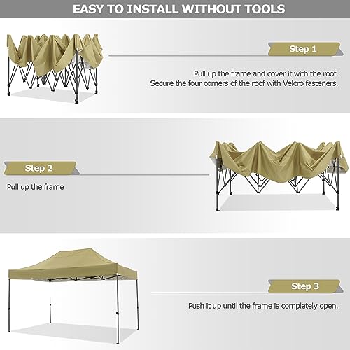 COBIZI 10x15 Heavy Duty Pop up Canopy Tent Easy Up Commercial Outdoor Canopy Wedding Party Tents for Parties All Season Wind & Waterproof Gazebo with Carry Bag, Khaki(Frame Thickened) - color: Khaki, size: 10x15 Without Sidewalls