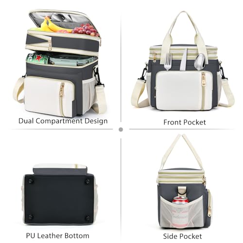 Lunch Box & Lunch Bag for Women Men, Large Insulated Adult Lunch Box Leakproof Lunchbox Cooler Bag for Work Picnic Beach,16L, Grey & White - color: Gray & White