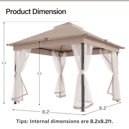 LAUSAINT HOME 10'x10' Outdoor Patio Gazebo with Mosquito Netting, Double Roof Outdoor Gazebo Pavilion Shelter for Backyard, Garden, Lawn, Wedding (Khaki) - color: Khaki, size: 10'x10' - w/o curtains