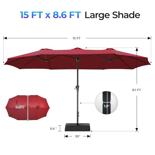 SUPERJARE 15FT Outdoor Patio Umbrella with Base Included, Double Sided Pool Umbrellas with Fade Resistant Canopy, Extra-Large Table Umbrella for Deck, Market, Backyard, Burgundy - color: Burgundy, size: 15ft