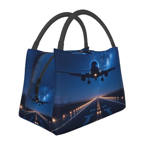 Airplane Reusable Lunch Box,Night Landing Starry Sky Aviation Lunchbox for Pilot Plane Lovers,Insulated Lunchbag,11in*6.3in*6.7in,Gifts Makeup Bag,Portable Handbag for Picnic Work Travel - color: Airplane