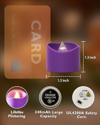 Homemory Purple Tea Lights Candles Battery Operated, 200+Hour Flameless Flickering Fake Electric LED Colored Tealights Candles for Party, Wedding, Halloween, Mardi Gras, Holiday Decor, 12-Pack - color: Purple, size: Pack of 12