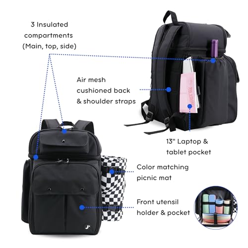 J World Picnic Backpack Cooler for 4. Insulated Picnic Basket Set with Folding Waterproof Blanket. Beach Camping Wedding Engagement Gift for Couples, Black - color: Black