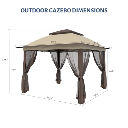 11'X11' Gazebo Pop Up with 4 Sidewalls Mosquito Netting, Heavy Duty Patio Gazebo Canopy Tent with Double Air Roofs for Backyards, Patios, Decks, Gardens, Parks - color: Beige Top