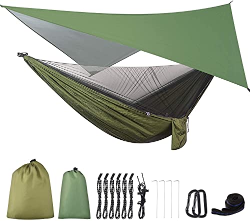 Camping Hammock with Rain Fly Tarp and Mosquito Net Tent Tree Straps, Portable Single Double Nylon Parachute Hammock Rainfly Set for Backpacking Hiking Travel Yard Outdoor Activities Green - color: Green