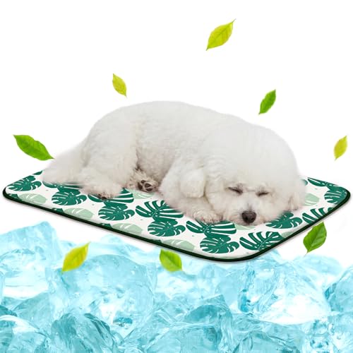 NWK Pet Cooling Mat -Q-Max>0.345 Ice Silk Cooling Mat for Dogs & Cats Portable & Washable Pet Cooling Blanket, Car Seats, Beds for Summer (Green Leaf, 27'' X 20'' X 0.3'') - color: Green Leaf, size: Medium (27'' X 20'' X 0.3'')