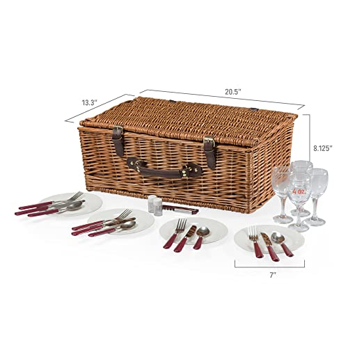 PICNIC TIME Newbury Picnic Basket for 4, Romantic English-Style Wooden Wicker Basket with Deluxe Service for 4, Fully-lined Interior, Leatherette Lid-locking Buckle, and Flat-lid Design, (Navy Blue)