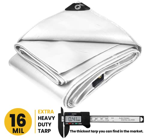 Extra Heavy Duty 16 Mil Tarp Cover, Waterproof, UV Resistant, Rip and Tear Proof, Poly Tarpaulin with Reinforced Edges for Roof, Camping, Patio, Pool, Boat. (White 8′ X 10′) - color: White-16 Mil, size: 8′ X 10′