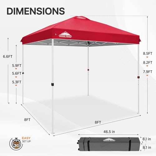 EAGLE PEAK Pop Up Canopy Tent with Wheeled Carry Bag, 8 Stakes, 4 Ropes, Easy Set Up Tent Canopy, 8x8 ft, Red - color: Red, size: 8x8