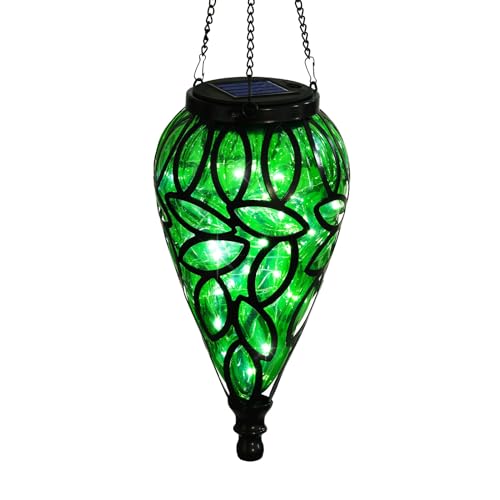 SUNNYPARK Outdoor Plastic Solar Hanging Lantern, 15 Cool White LEDs Twinkle Effect Tear-Shaped Hanging Lantern Decor Garden Decorative Solar Lights for Backyard, Patio and Lawn - style: Green