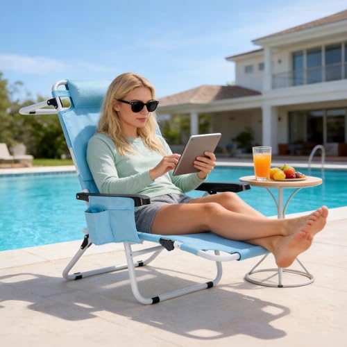 ABORON Tanning Chair with Face Hole, 5-Position Adjustable Reclining Beach Lounge Chair, Folding Face Down Sun Lounger for Beach, Poolside, Patio, Lawn, Home - color: Fresh Blue