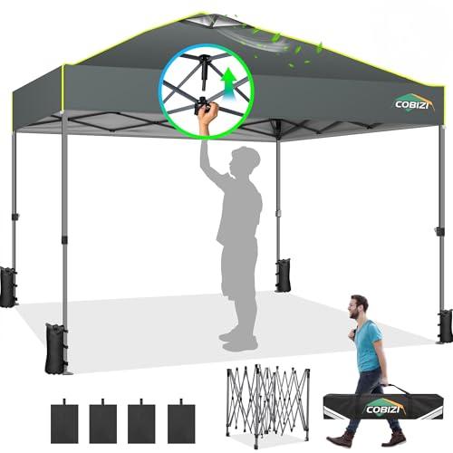 COBIZI Canopy 10x10 Pop Up Canopy Tent 1-Button Push Easy up Outdoor Canopy Instant Portable Commercial Shelter Waterproof UPF50+ Gazebo with Reflective Strip, Air Vent & 4 Sandbags,Grey - color: Grey(1-year warranty), size: 10x10ft With No Sidewalls