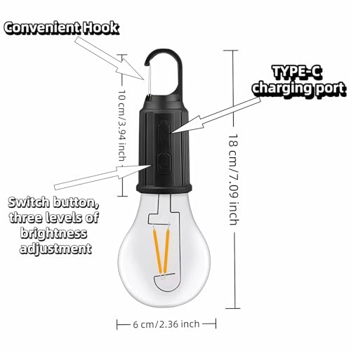 Portable LED Camping Lantern，Hang Anywhere Hook, USB-C Rechargeable, 3 Brightness Modes, Water Resistant for Emergency, Tent, Hiking, Power Outage& Outdoor (Black 1PCS) (T01)