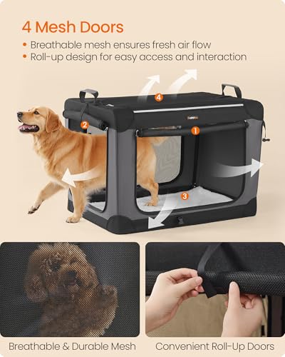 Feandrea Collapsible Dog Crate, 36-Inch Portable Dog Travel Crate for Large Dogs, Oxford Fabric Pet Carrier with 4 Mesh Doors, Handles, Storage Pocket, Water Bottle Holder, Ink Black UPDC019B01 - size: XL（36"L x 25"W x 25"H)