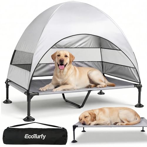 Elevated Dog Bed with Canopy - 3-Sided UV Protection Pet Tent with Wider Shade, Raised Cooling Outdoor Dog Cot with Breathable Mesh for Medium Large Dogs, Portable Bed for Camping, Patio (Grey, XL) - color: Grey, size: X-Large