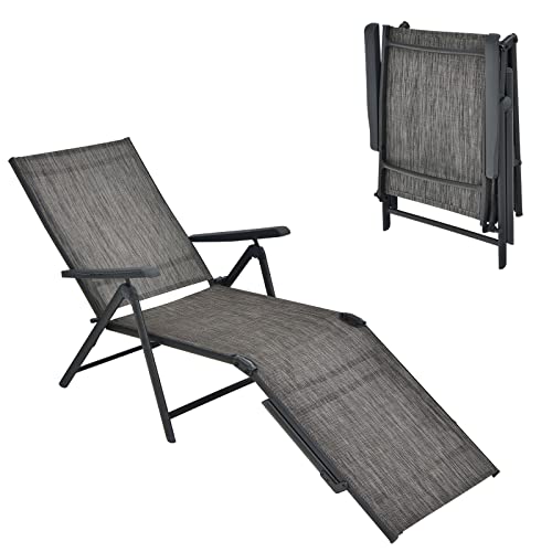 Tangkula Folding Lounge Chair Outdoor, Recliner Chaise Lounge with 5-Position Adjustable Backrest & 2-Position Footrest, No Assembly Required, Suitable for Patio Poolside Beach Yard (1, Grey) - color: Grey