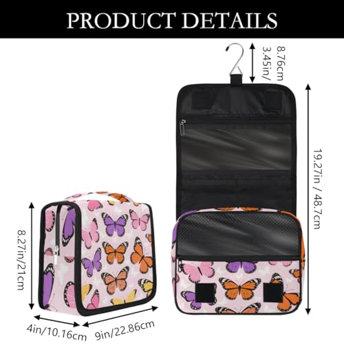 Colorful Butterflies Pattern Kids Toiletry Bag for Girls, Waterproof Hanging Makeup Organizer Travel Cosmetic Bag with Hook, Portable Toiletries Case for Sleepovers School Vacations - color: Colorful Butterflies Pattern