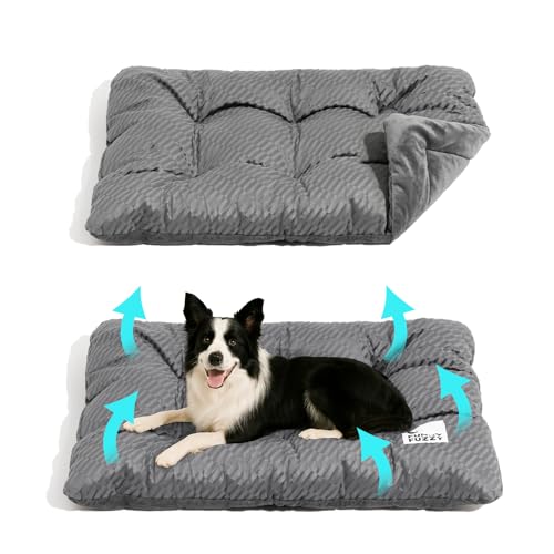 FUNNY FUZZY Washable Dog Crate Pad 42x28, Double-Sided Cooling Linen & Sherpa, Flat Crate Mat/Kennel Mattress, Rectangle Dog Bed for Large Dogs, Charcoal Grey - color: Grey, size: 42"×28" X-large