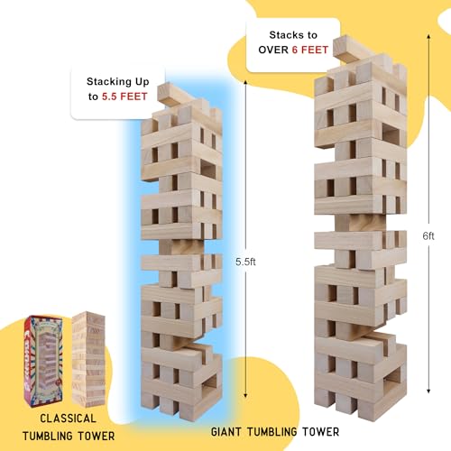 GOTHINK Giant Tumbling Tower Game, Super Large 51pcs Wooden Blocks Stacking Game, Stacking Up to 5.5 Feet, Timber Blocks with Carry Bag, Jumbo Blocks Outdoor Indoor Game Toy Gift for Kids and Adults - size: XL- Up to 5.5FT
