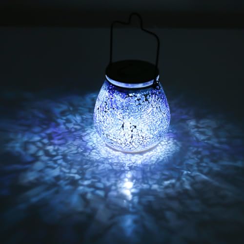 Afirst Mosaic Solar Lanterns Outdoor - Glass Hanging Solar Lights Hollow Out Waterproof Table Lamp Outdoor Decorative for Garden, Patio, Holiday Party Outdoor Decoration - style: ice-blue