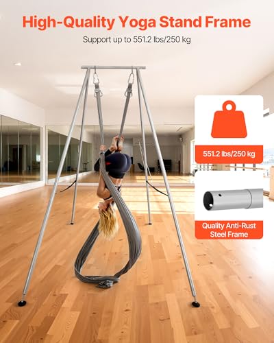 VEVOR Yoga Stand Frame, Max 441-551 lbs Load Swing Stand, Triangular Structure Aerial Rig, Aerial Silk Stands with Yoga Hammock, Standard & Height-Adjustable Version - color: Steel Silver, style: Standard Version