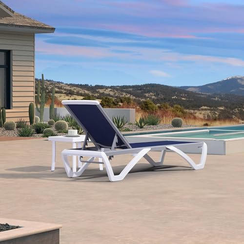PURPLE LEAF Patio Chaise Lounge Chair Set Outside Aluminum Plastic Stackable Tanning Chairs with Side Table for Pool Sunbathing Beach Deck Outdoor Lounger, Navy Blue - color: Navy Blue, style: 1 chair + 1 table