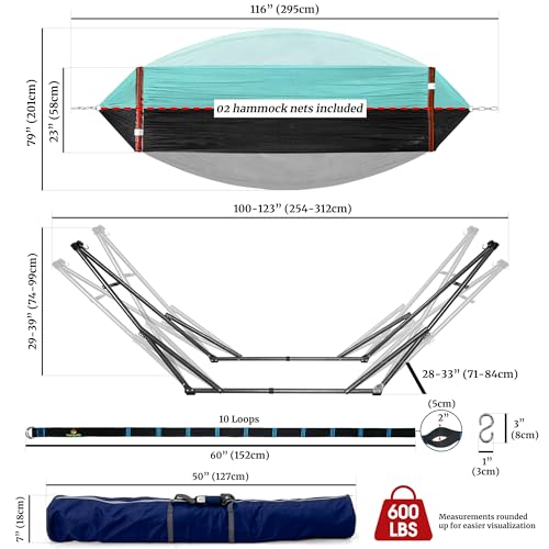 Tranquillo Combo x2 Hammocks with Stand for Outside & Tree Straps, Heavy Duty Hammock with Stand 600lbs for Indoor Outdoor Patio Backyard, x2 Hammocks for 2 Person (Combo - Sky, Medium) - color: Combo - Sky