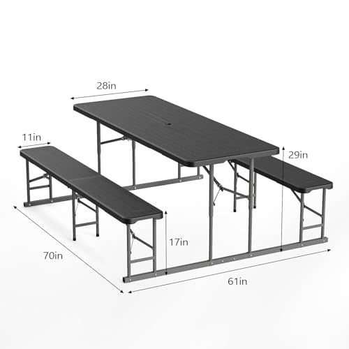 VINGLI Folding Picnic Table and Bench Set with Umbrella, Portable Outdoor Dining Furniture for Camping, Patio, Backyard, Wood Grain Plastic Top with Metal Frame (White) - color: Black, style: With Umbrella