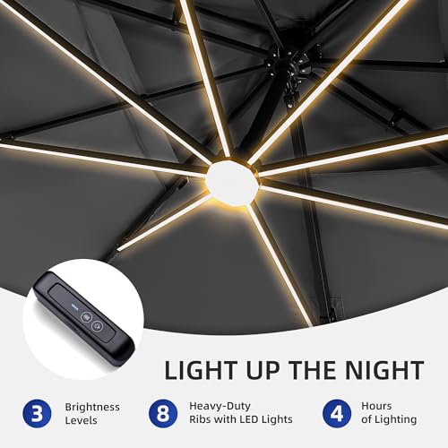 9 X 12 FT Cantilever Outdoor Patio Umbrella with Led Lights Heavy Duty Windproof Double Top Large Rectangle Offset Umbrellas with 360-degree Rotation for Garden Pool Deck Backyard, Grey - color: Grey, size: 9' X 12'- Only Umbrella(LED)