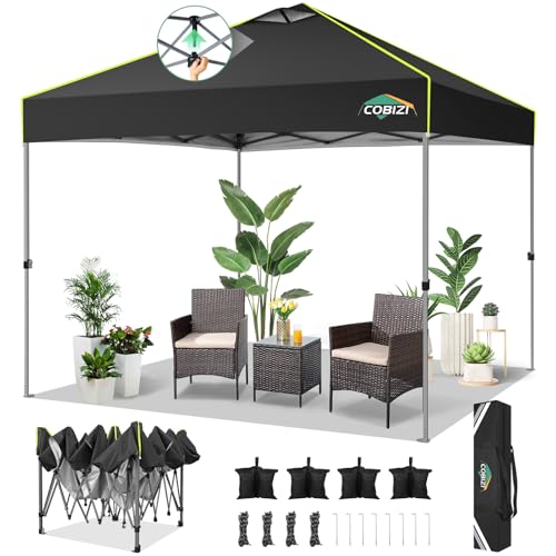 COBIZI 10x10 Pop Up Canopy One Push Party Tent with Air Vent Waterproof Commercial Outdoor Patio Gazebo for Parties Camping Shade Events Garden, 3 Adjustable Height, Carry Bag, Sandbag, Stakes, Black - color: Black, size: 10x10ft