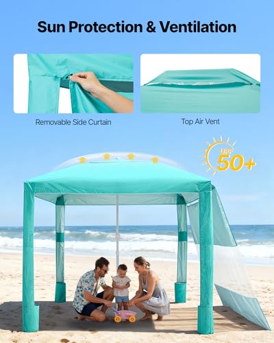 VEVOR Beach Cabana, 8 x 8 ft Beach Canopy with Side Wall, UPF 50+ Protection Easy Setup Cabana Tent with Sand Pockets, Adjustable Height Portable Shade Sun Shelter Umbrella for Family & Friends, Green - color: Green, size: 8*8
