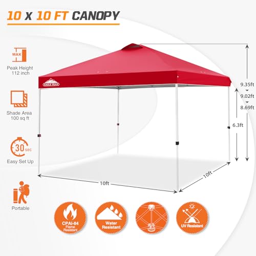 EAGLE PEAK Pop Up Canopy Tent with Wheeled Carry Bag, 8 Stakes, 4 Ropes, 4 Weight Bags, Easy Set Up Tent Canopy, 10x10 ft, 100sqft of Shade, Red - color: Red, size: 10x10