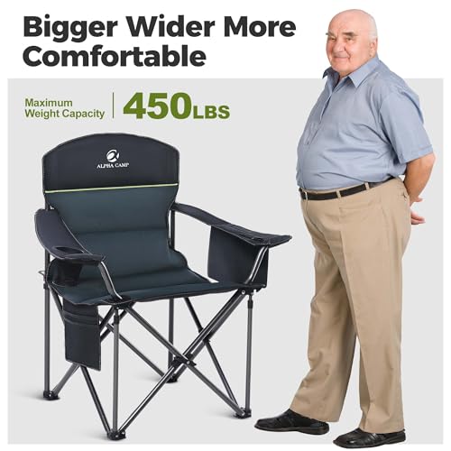 ALPHA CAMP Heavy Duty Camping Chair 500LBS Capacity, Oversized Folding Chair for Heavy People, Padded Portable Outdoor Chair with Cooler Bag & Cup Holder for Camping, Fishing, Beach - color: Green, size: 1PC