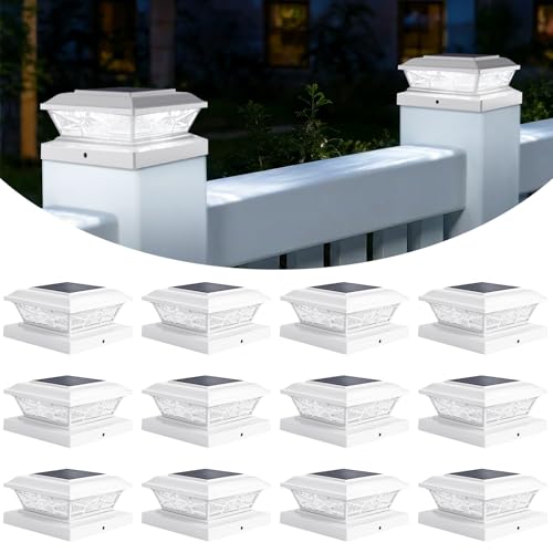 Brightever 4x4 3.5x3.5 Solar Post Cap Lights, 12-Pack Outdoor Solar Powered Fence Post Lights Fit Vinyl/Wood Posts, 2 Modes(Warm/Cool Light), Solar Waterproof Deck Post Lights for Garden, Patio, White - color: White, size: 12 Pack