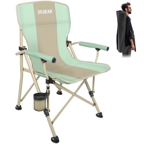 XGEAR Camping Chair with Padded Hard Armrest, Sturdy Folding Camp Chair with Cup Holder, Storage Pockets Carry Bag Included, Support to 400 lbs - color: 1-green
